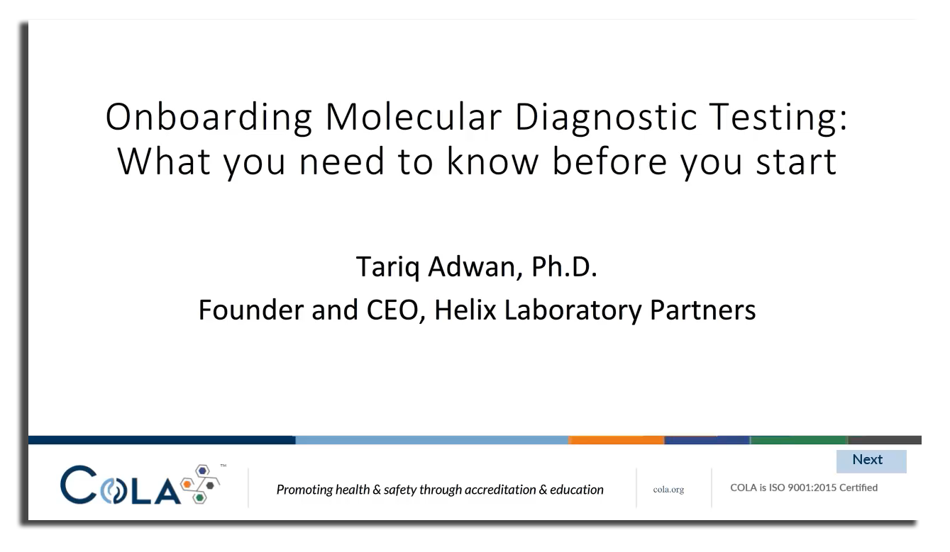 Oboarding Molecular Diagnostic Testing